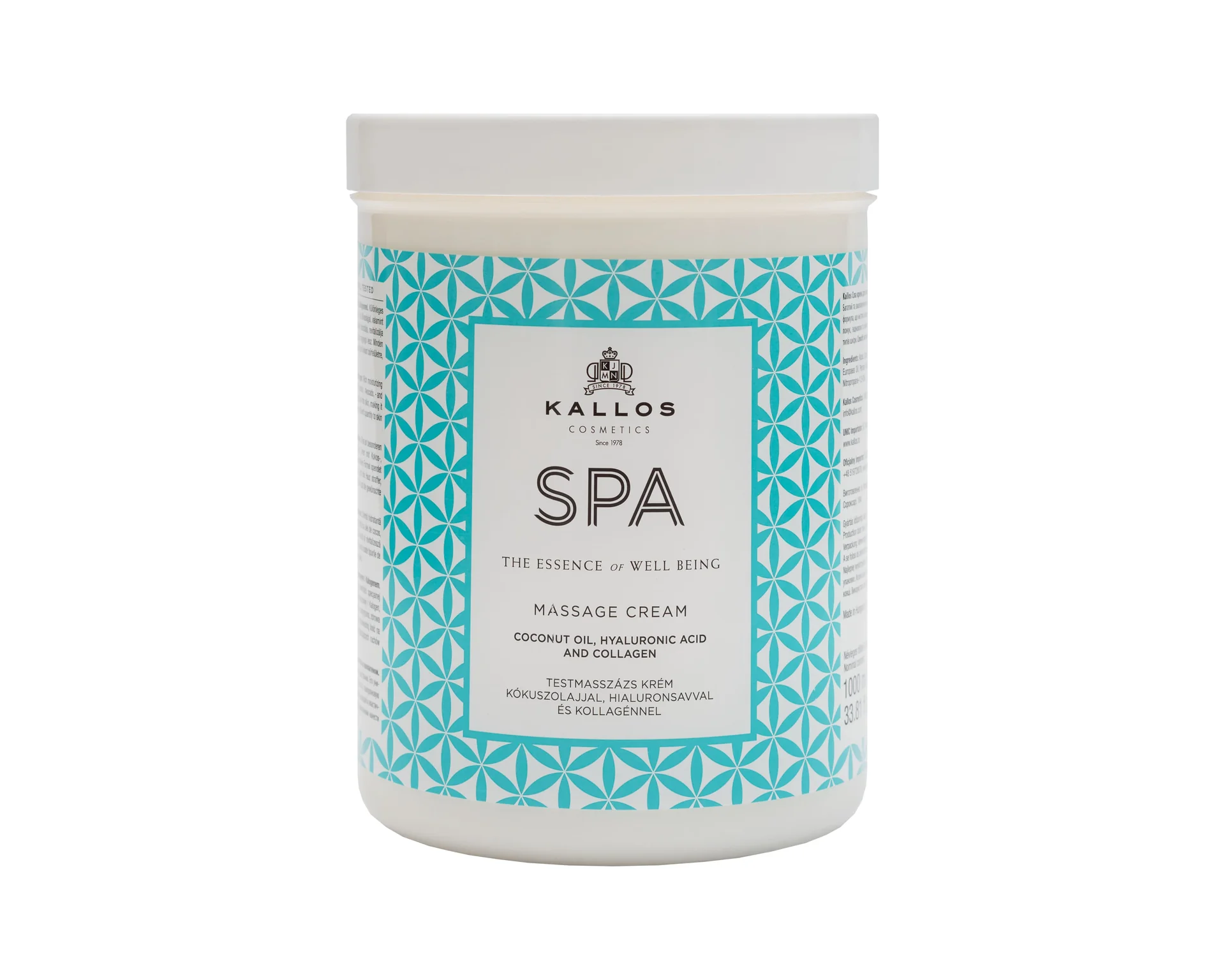 Crema de masaj cu ulei de cocos, acid hialuronic si collagen, Kallos Spa, 1000 ml
