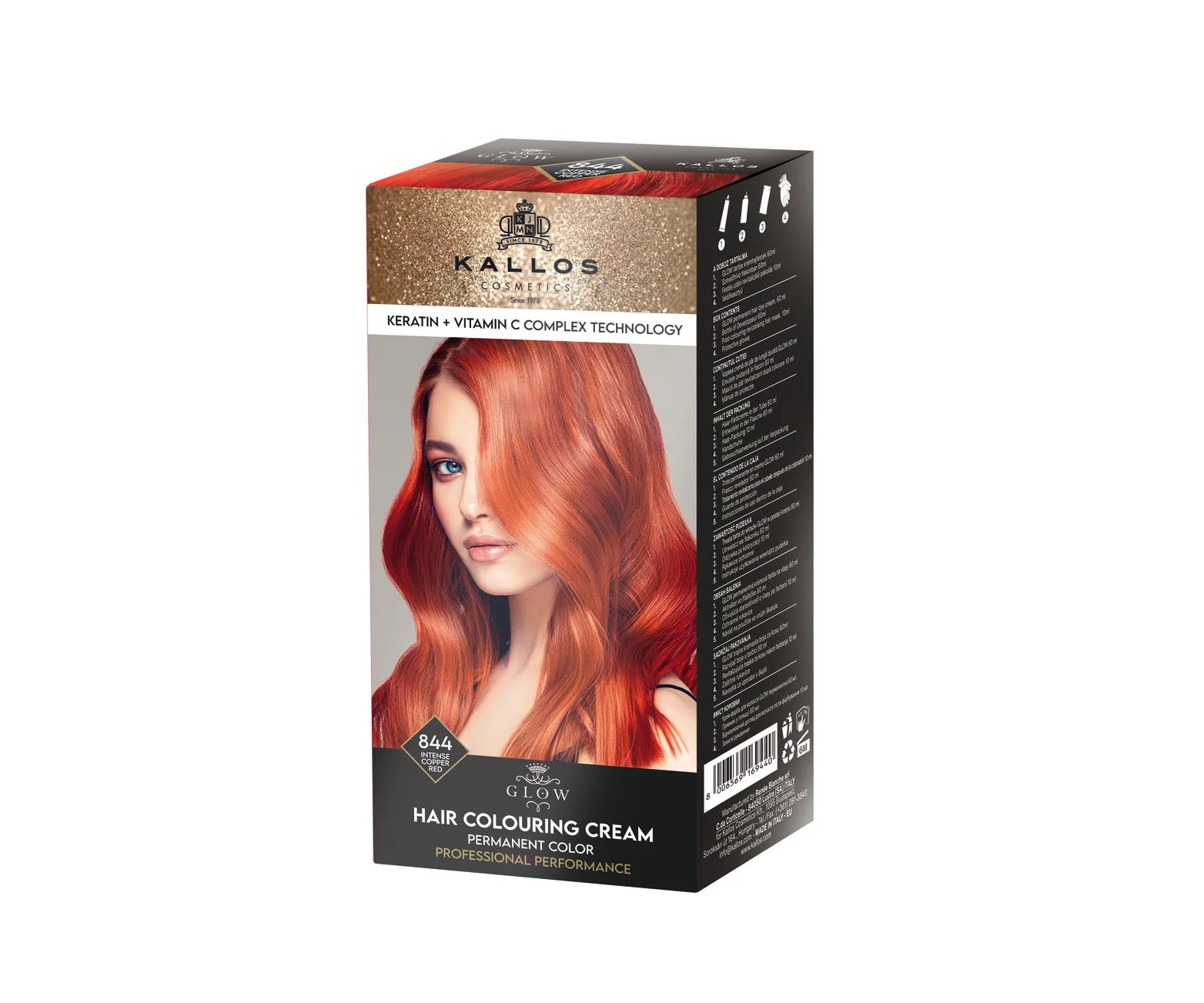 Kallos Glow Vopsea de păr 844, roșcat arămiu intensiv, 60 ml