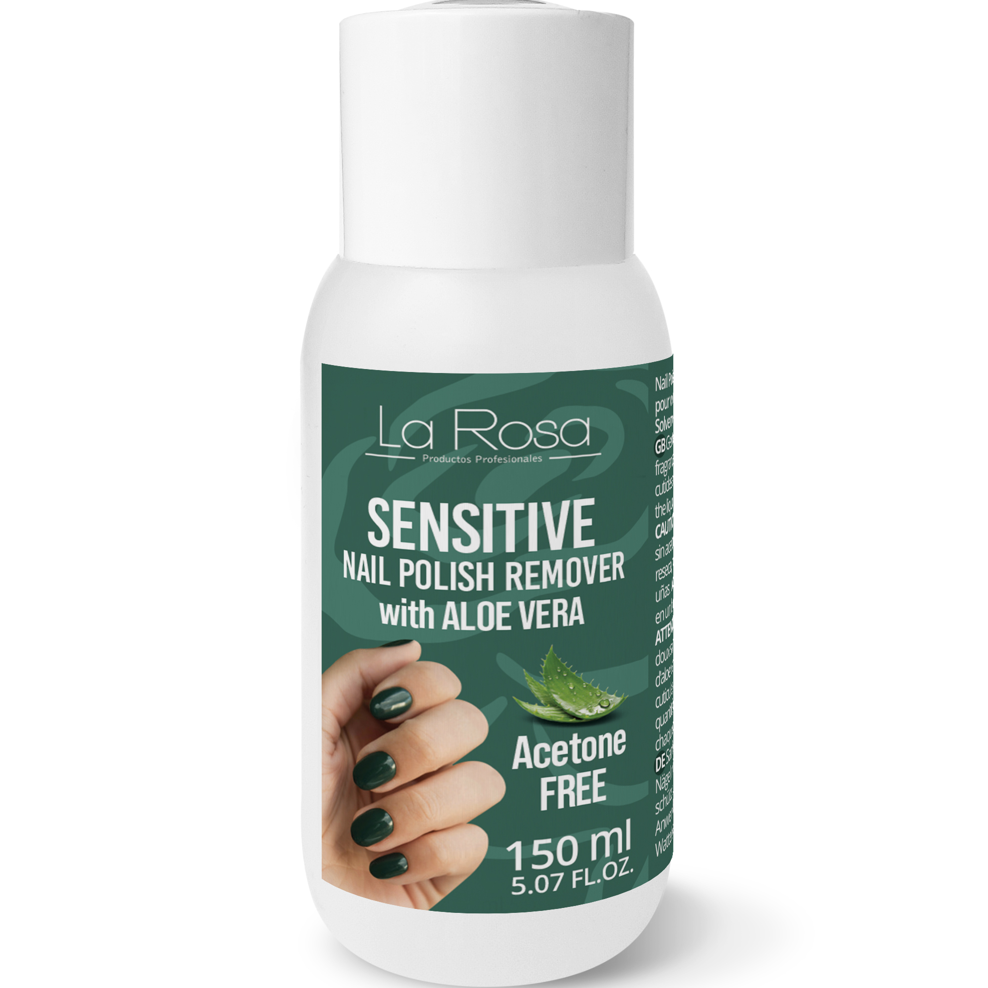 Dizolvant sensitive fără acetonă cu aloe vera pentru îndepărtarea lacului de unghii La Rosa Profesionales, 150 ml